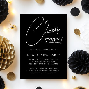 Modern Black Script Cheers New Years Eve Party Invitation