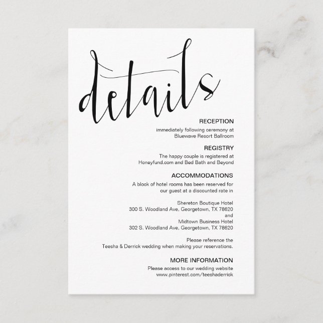 Modern Black Script, Editable Wedding Details Enclosure Card (Front)