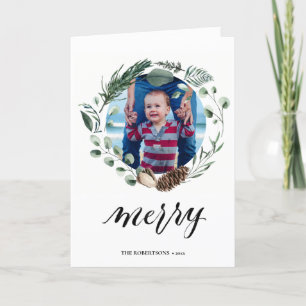 Modern Black Script Elegant Eucalyptus Foliage Holiday Card