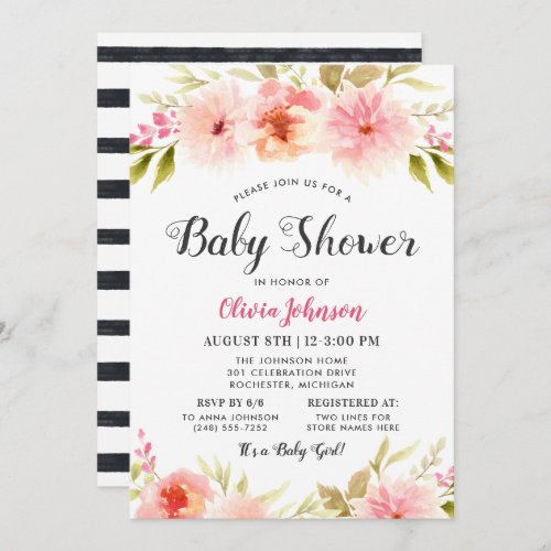 Modern Black Script Floral Baby Girl Shower Invitation