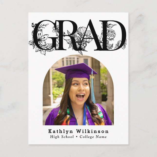 Modern Black Script Floral Graduation Announcement Postcard (Front)