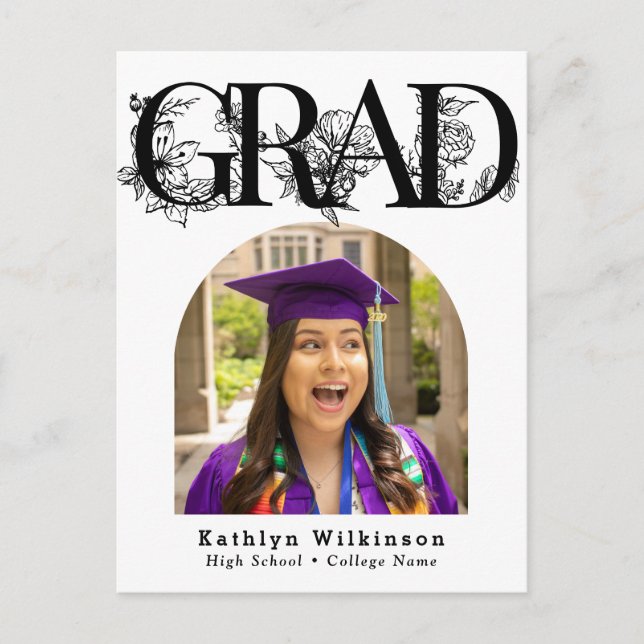 Modern Black Script Floral Graduation Invitation Postcard (Front)