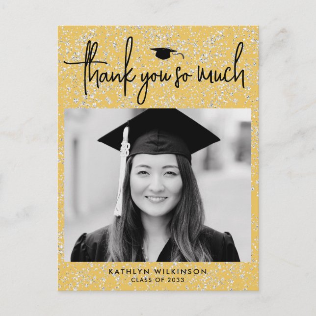 Modern Black Script Gold Glitter GRAD Thank You Postcard (Front)