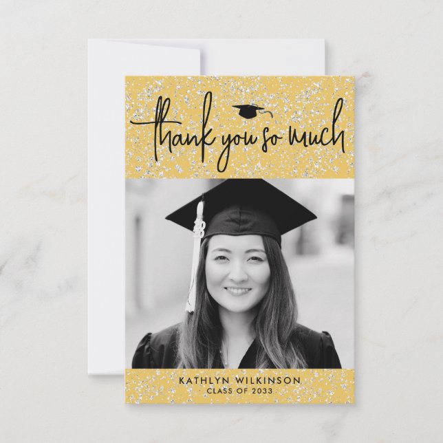 Modern Black Script Gold Graduation Thank You Card (Front)