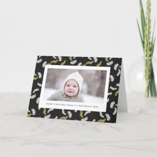 Modern Black Script Gold Pine Mistletoe Christmas Holiday Card