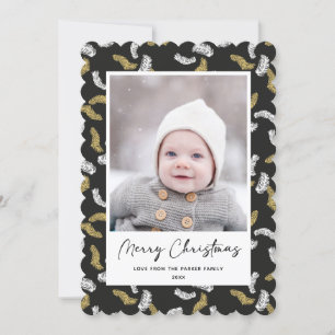 Modern Black Script Gold Pine Mistletoe Christmas Holiday Card