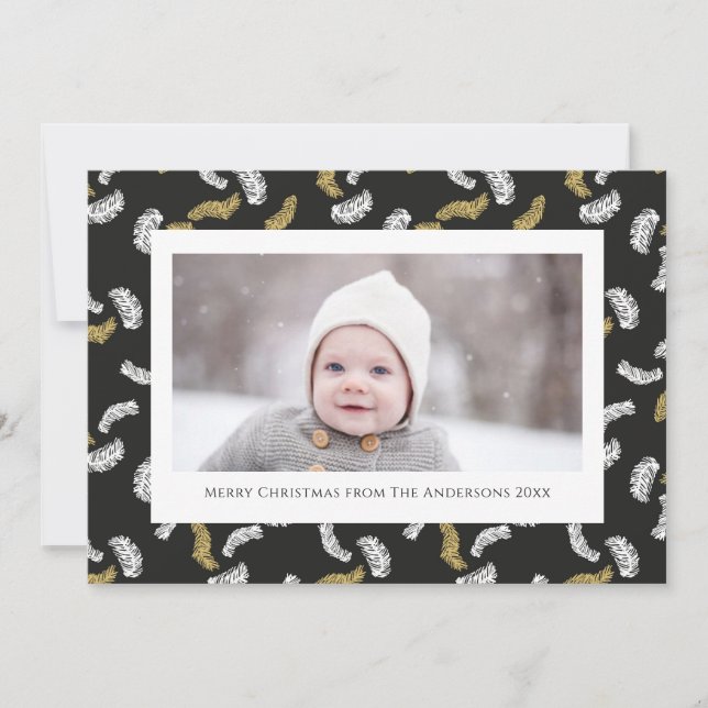 Modern Black Script Gold Pine Mistletoe Christmas Holiday Card (Front)