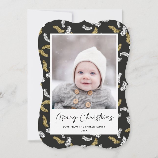 Modern Black Script Gold Pine Mistletoe Christmas Holiday Card (Front)