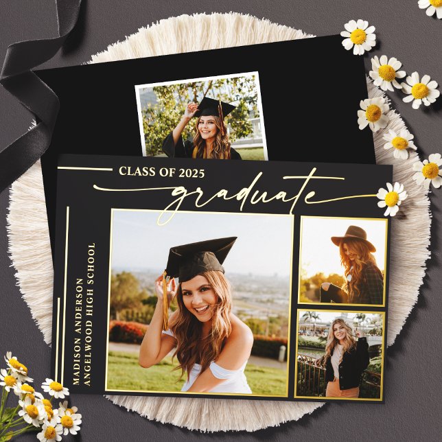 Modern Black Script Graduate Photo Graduation Foil Invitation (Creator Uploaded)