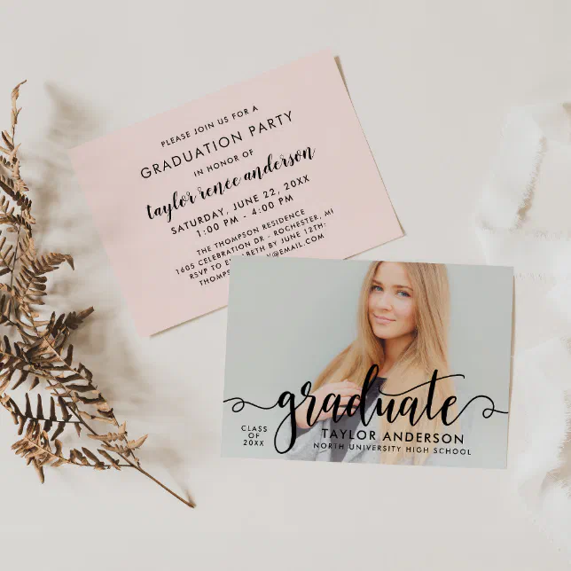 Modern Black Script Graduate Photo Graduation Invitation | Zazzle