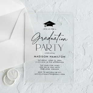 Modern Black Script Graduation Party Acrylic Invitations