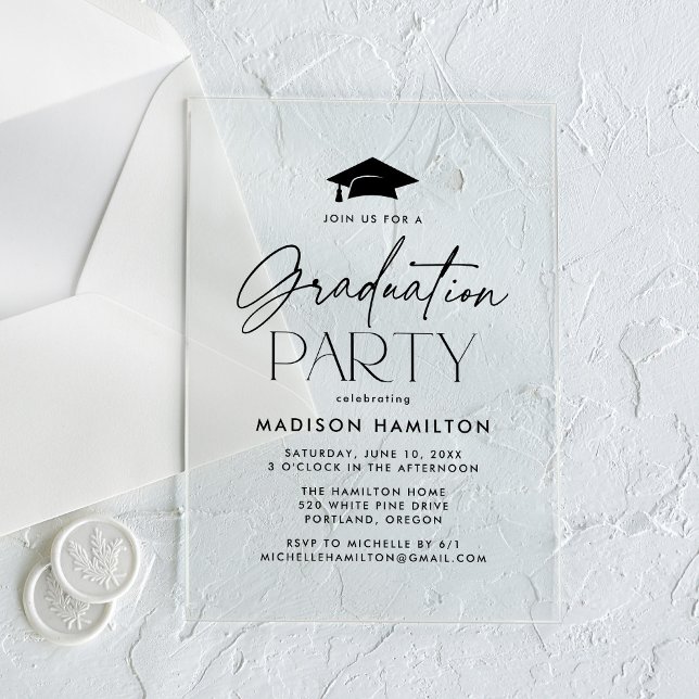 Modern Black Script Graduation Party Acrylic Invitations (Creator Uploaded)
