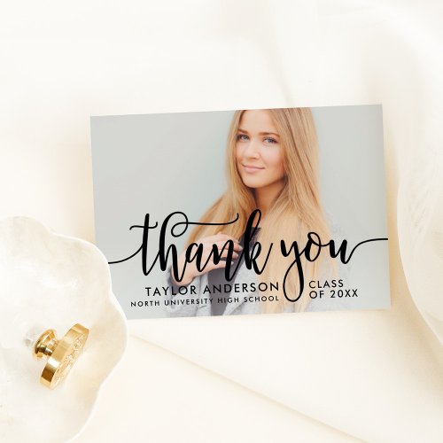 Modern Black Script Graduation Photo Thank You Card