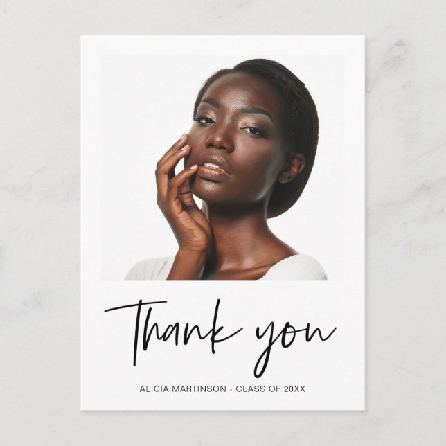 Modern Black Script Graduation Photo Thank You Postcard (Front)