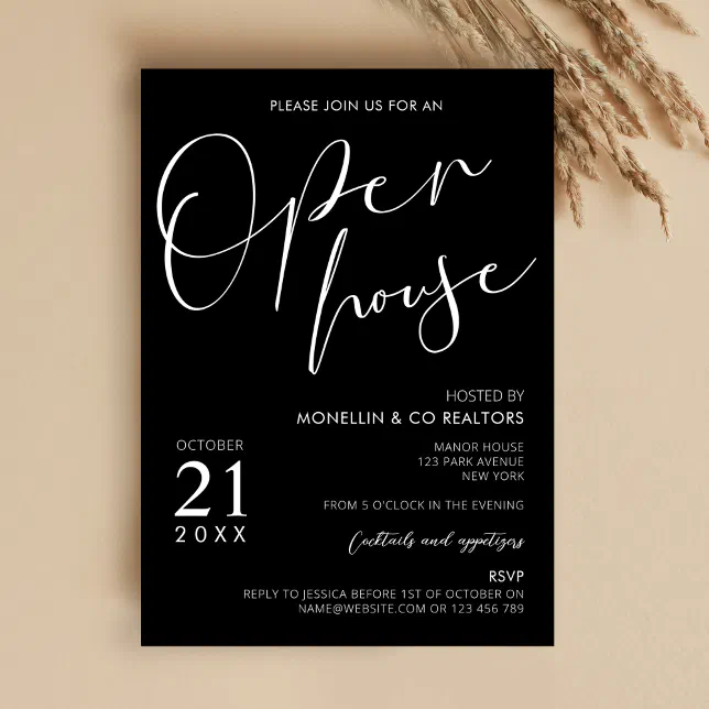 Modern Black Script Logo Business Open House Invitation | Zazzle