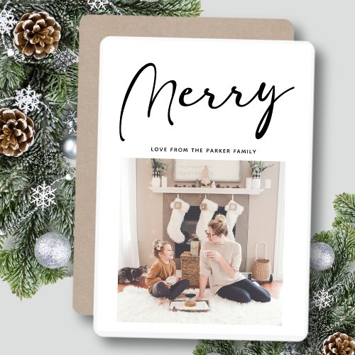 Modern Black Script MERRY Chic Minimalist  Holiday Card