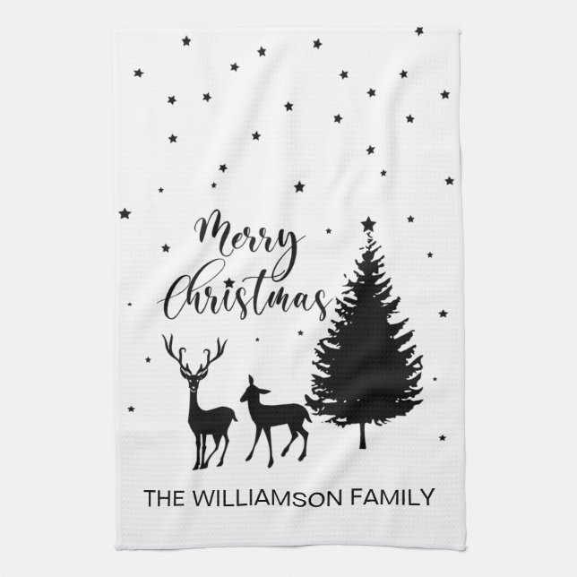 Modern Black Script "Merry Christmas" and Deers Kitchen Towel (Vertical)