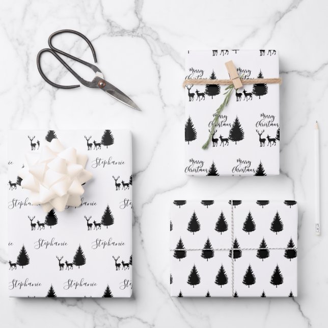 Modern Black Script "Merry Christmas" and Deers Wrapping Paper Sheets (Front)
