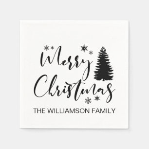 Modern Black Script "Merry Christmas" and Fir Tree Napkins