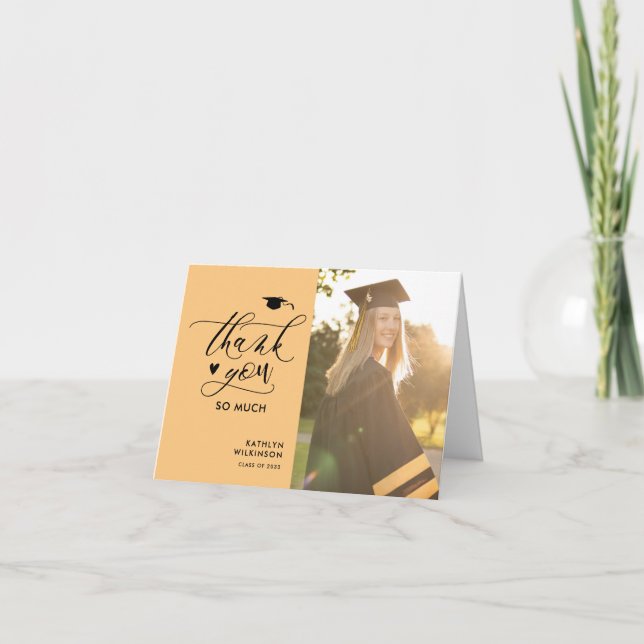 Modern Black Script Minimalist Photo Graduation Thank You Card (Front)