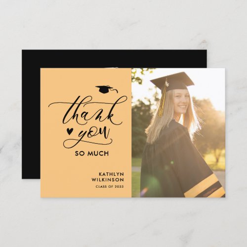 Modern Black Script Minimalist Photo Graduation Thank You Card