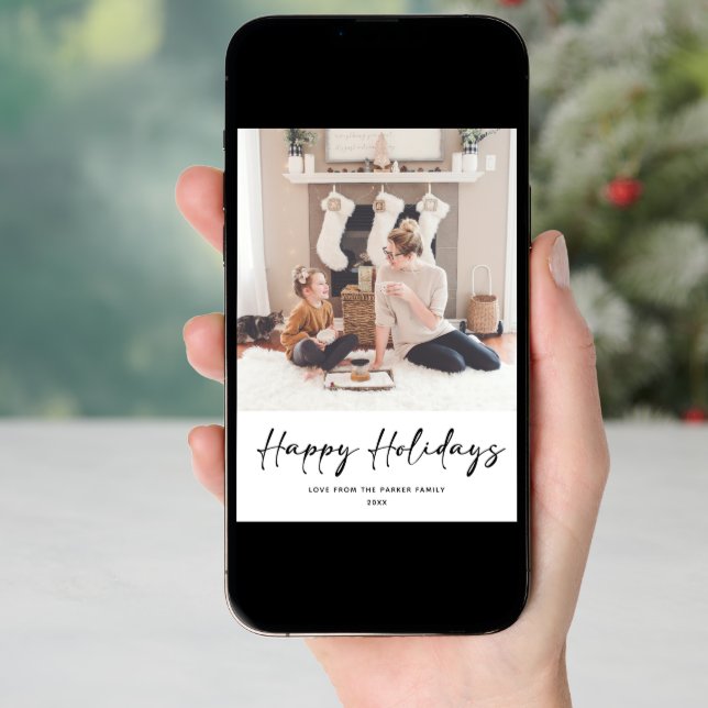 Modern Black Script on Beige Minimalist Photo Holiday Card (Front Digital)