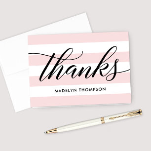 Modern Black Script Pale Pink Stripes Thank You Card