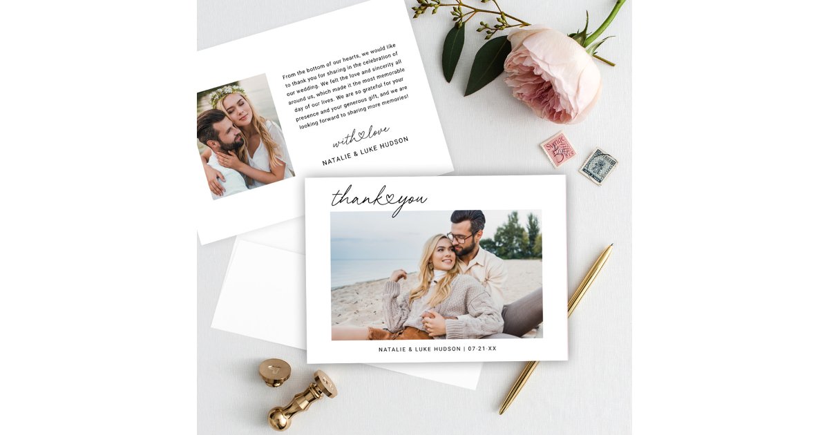 Modern Black Script Personalized Wedding Photo Thank You Card | Zazzle