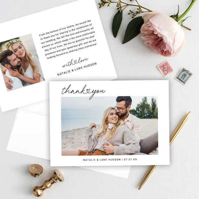 Modern Black Script Personalized Wedding Photo Thank You Card | Zazzle