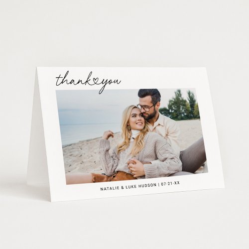 Modern Black Script Personalized Wedding Photo Thank You Card