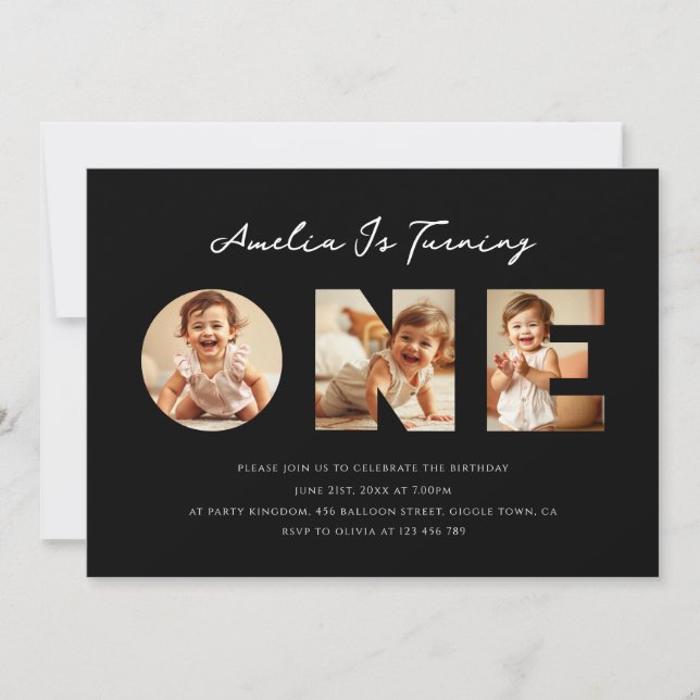 Modern Black Script Photo Collage First Birthday Invitation (Front)