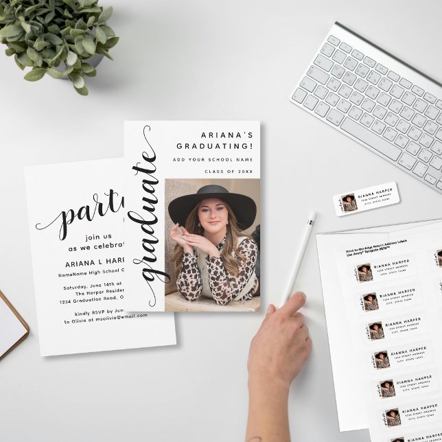 Modern Black Script Photo Graduation Invitation (Creator Uploaded)