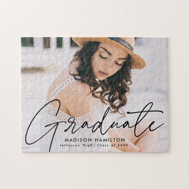 Modern Black Script Photo Graduation Jigsaw Puzzle (Horizontal)