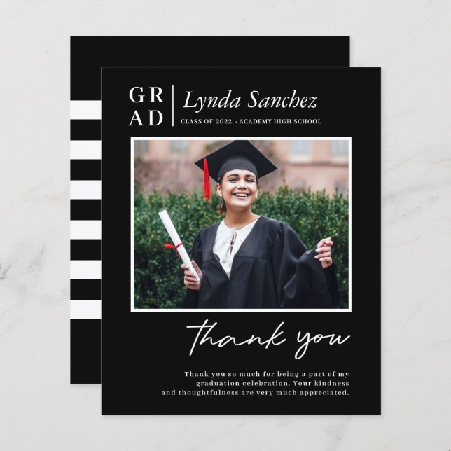 Modern Black Script Photo Graduation Thank You (Front/Back)