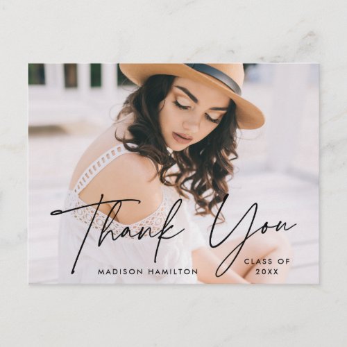 Modern Black Script Photo Graduation Thank You Postcard