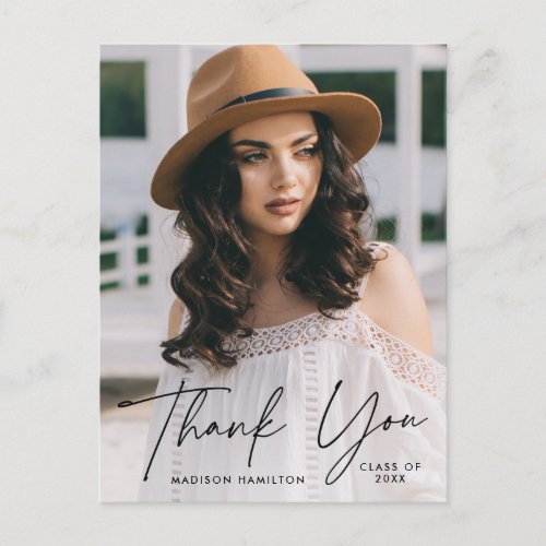 Modern Black Script Photo Graduation Thank You Postcard