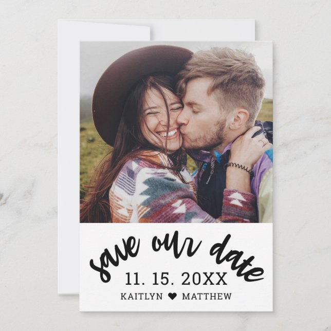 Modern Black Script Photo Minimalist Wedding Save The Date (Front)