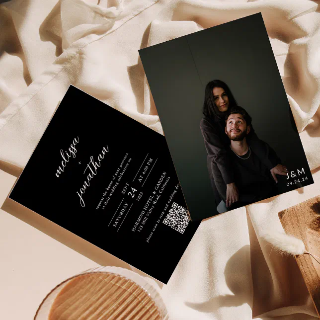 Modern Black Script Photo Monogram QR code Wedding Invitation | Zazzle