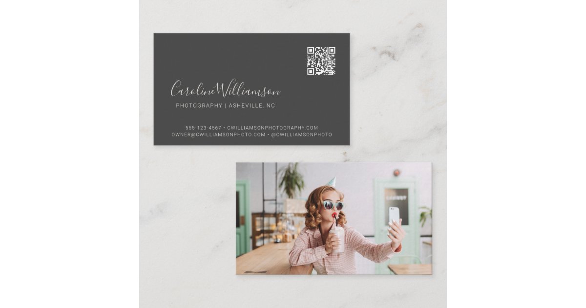 Modern Black Script Photo QR Code Minimal Trendy Business Card | Zazzle