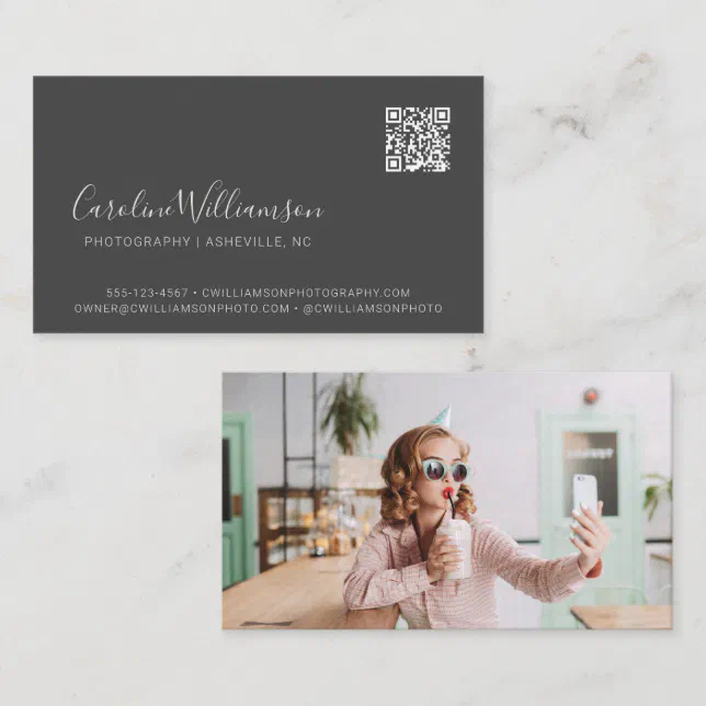 Modern Black Script Photo QR Code Minimal Trendy Business Card | Zazzle