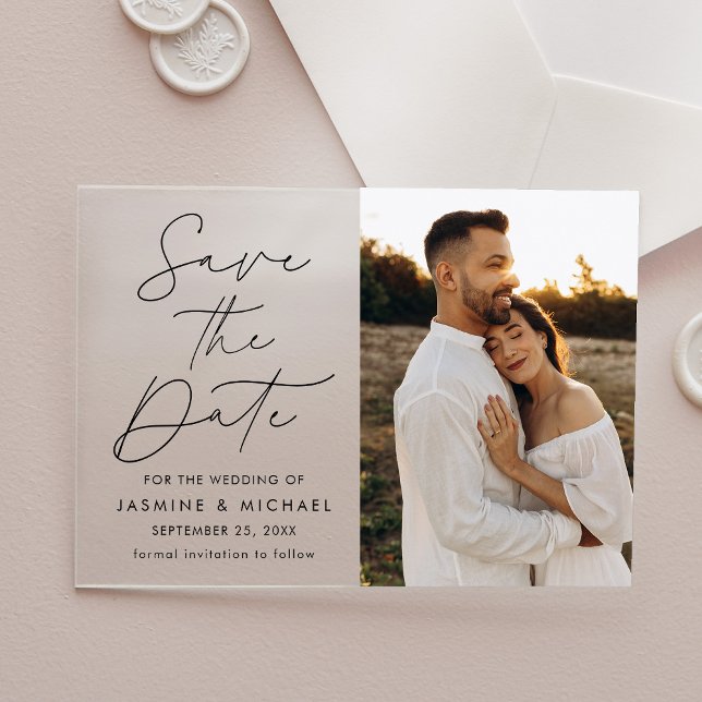 Modern Black Script Photo Save The Date Acrylic Invitations (Creator Uploaded)