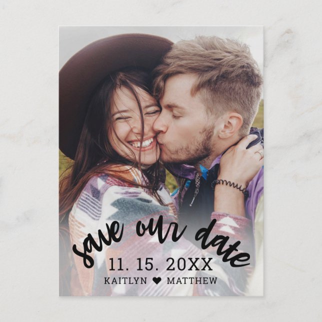 Modern Black Script Photo Wedding Save Our Date Announcement Postcard (Front)