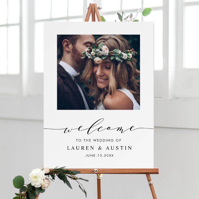 Modern Black Script Photo Wedding Welcome Foam Board (Creator Uploaded)