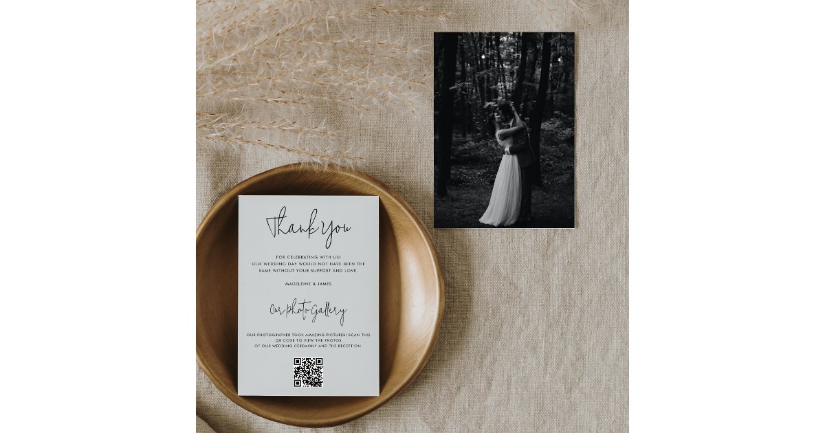 Modern Black Script QR Code Photo Gallery Wedding Thank You Card | Zazzle