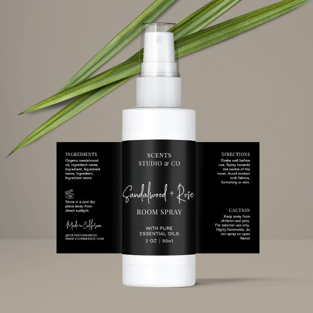 Modern Black Script Room Spray Bottle Wrapper Label (Simple air freshener spray bottle packaging design in black and white)