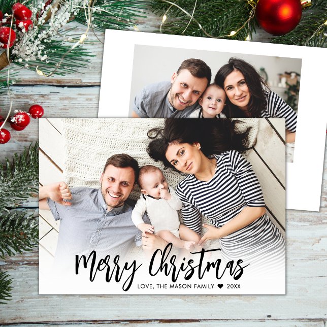 Modern Black Script Simple 2 Photo Christmas  Holiday Card (Creator Uploaded)