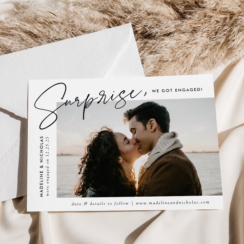 Modern Black Script Surprise Photo Engagement Announcement