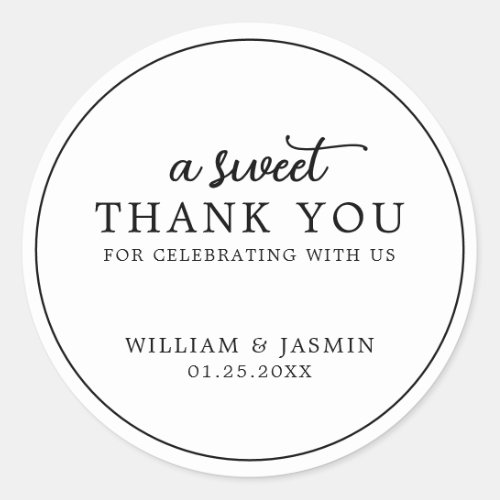 Modern Black Script Sweet Thank You Wedding Favors Classic Round Sticker