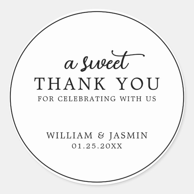 Modern Black Script Sweet Thank You Wedding Favors Classic Round Sticker (Front)
