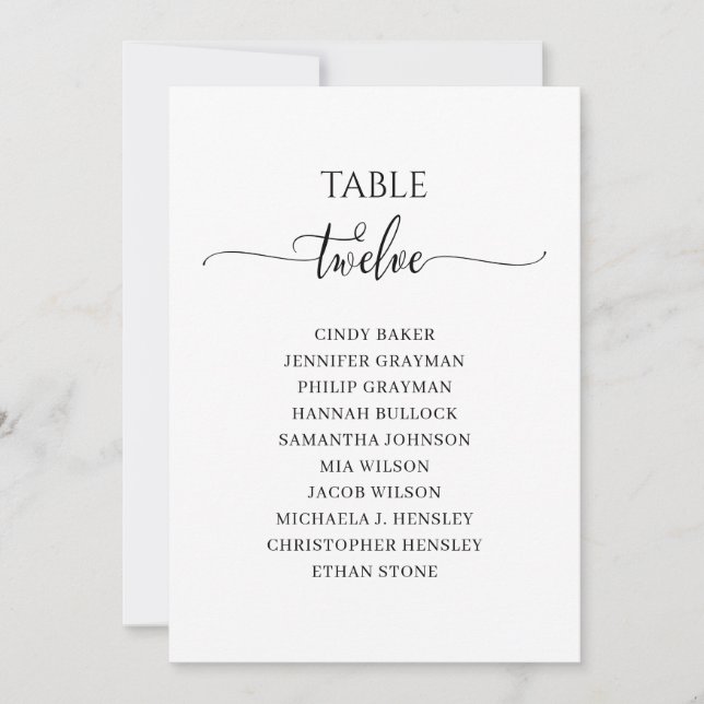 Modern Black Script Table Number 12 Seating Chart (Front)